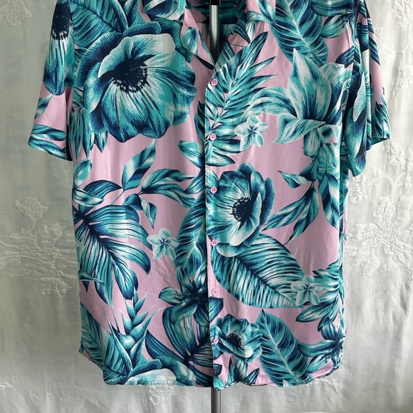 Original Use Tropical Floral Rayon Shirt Pink & Teal Summer Resort Button Up - Picture 10 of 15